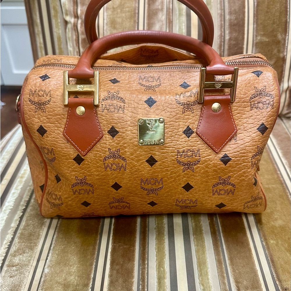 MCM Tan Satchel with Monogram and Gold Accents